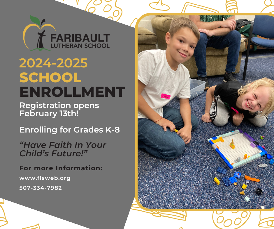 2024-2025 FLS Enrollment Open for grades K-8 image with students playing Legos 